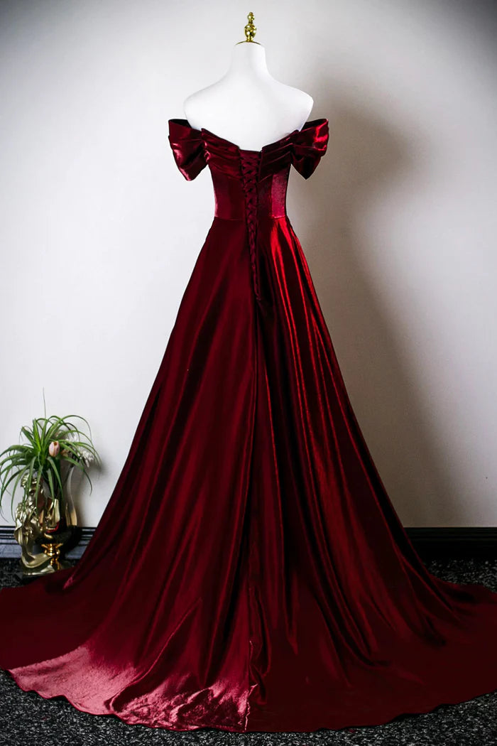 Burgundy Satin Long Prom Dress, Off the Shoulder Evening Party Dress